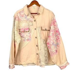 POL Patchwork Lace Button Down Shirt M Pink Floral Cottagecore Oversized Boho